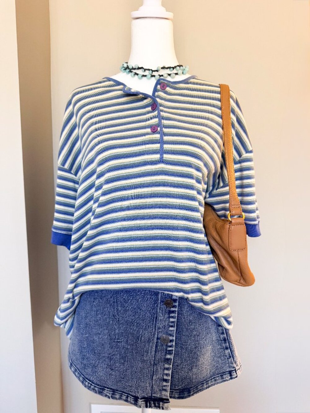 North Crest Vintage Yellow, Blue & Green Striped Tee – Size X-Large (18)